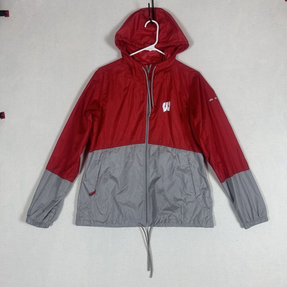 Columbia Mens Medium UWM Wisconsin Badgers Zip Up Windbreaker Red Gray Casual